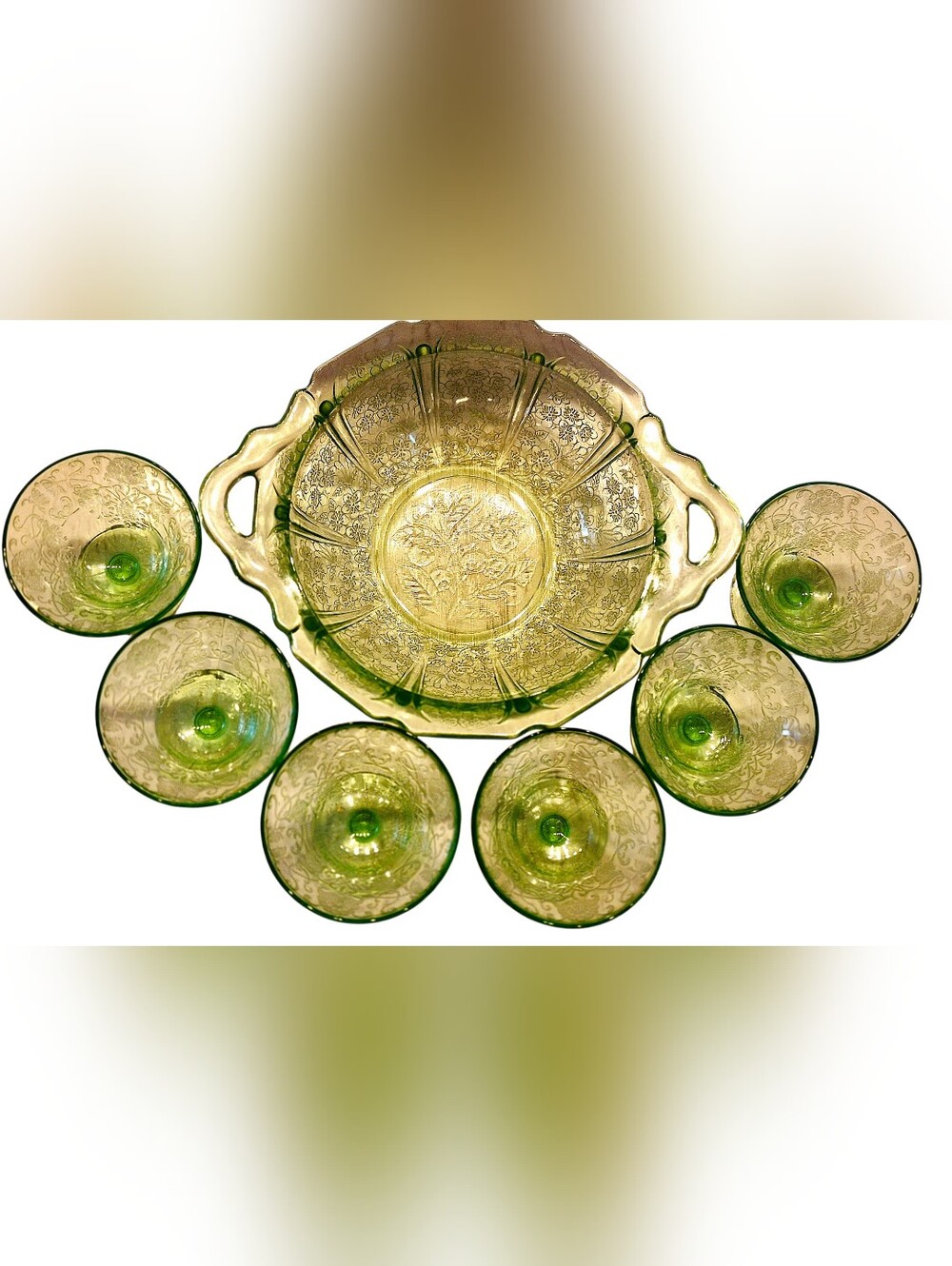 Vintage Green Depression Glass Floral Salad Bowl & 6 Dessert Bowls Set of 7